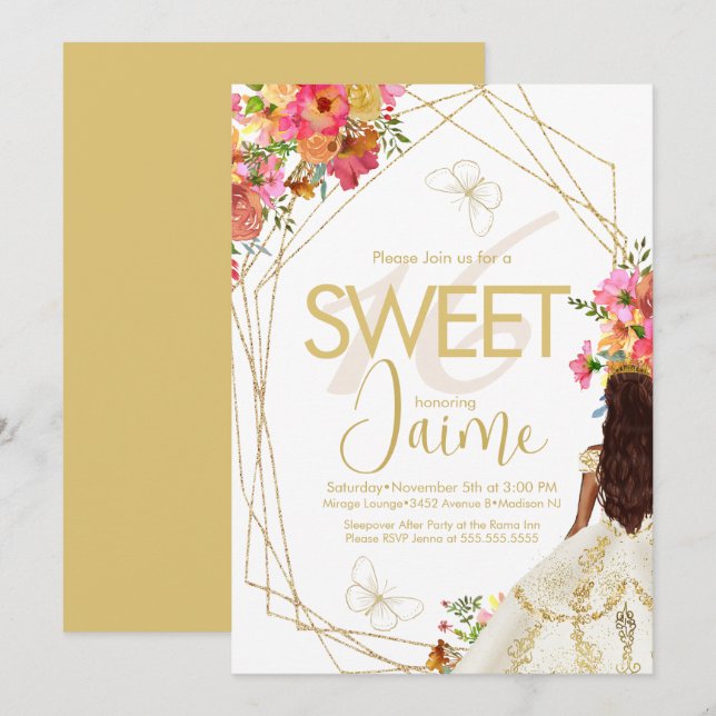 Convite Flores de Jardim de Menina com Monograma Sweet 16 (Frente/Verso)