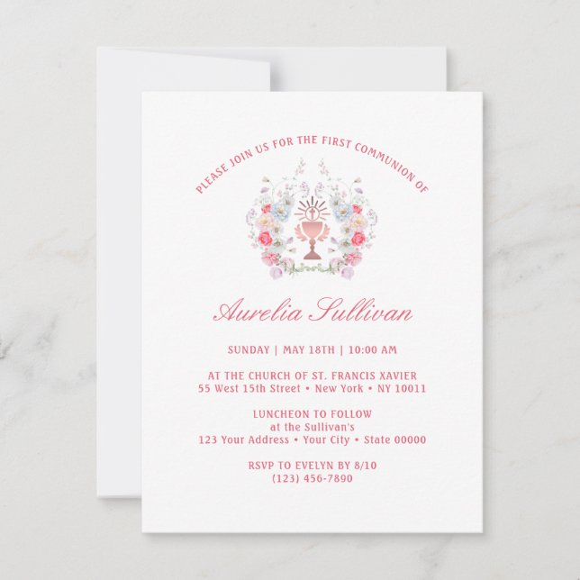 Convite Flores de Jardim Elegantes na Primeira Comunhão (Frente)