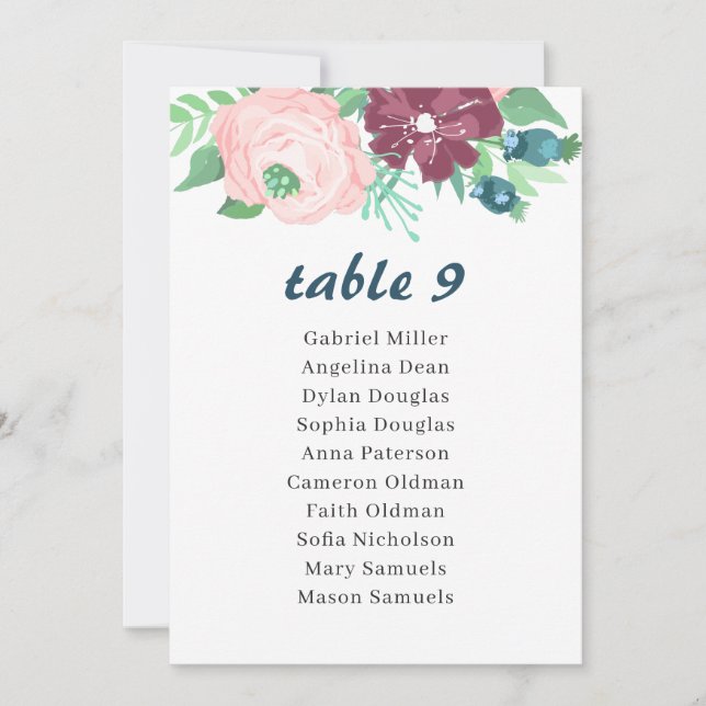 Convite Flores de jardim. Número da Tabela Floral com Sent (Frente)