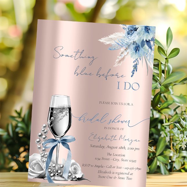 Convite Flores de Laço Azul Pérolas e Prosecco Dourado Ros (Criador carregado)