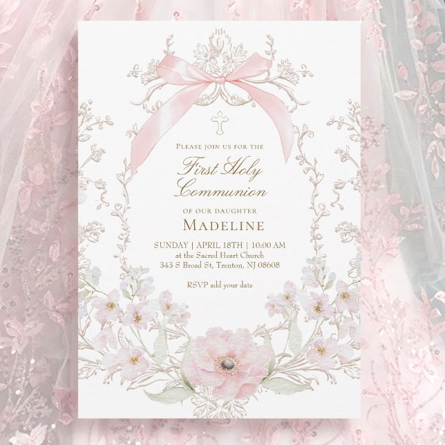 Convite flores de laço rosa quadro Primeira Comunhão (Criador carregado)