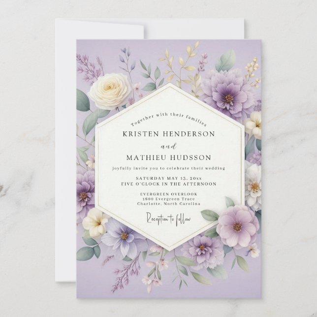Convite Flores de Lavanda em Aquarela para Casamento (Frente)