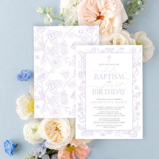 Convite Flores de Lavanda Lilac do Batismo e primeiro aniv (Easily personalize this beautiful baptism and first birthday invitation with your personal details)