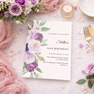 Convite Flores de lavanda roxa de aniversário marfim