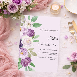 Convite Flores de lavanda roxa de aniversário rosa corado