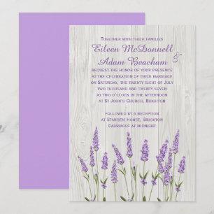 Convite Flores de lavanda roxas no casamento de madeira