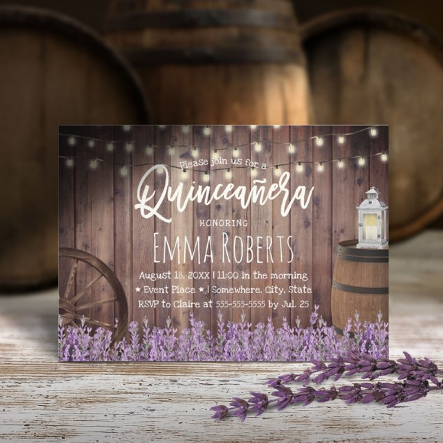 Convite Flores de Lavanda Rústica Quinceanera e Lanterna (Criador carregado)