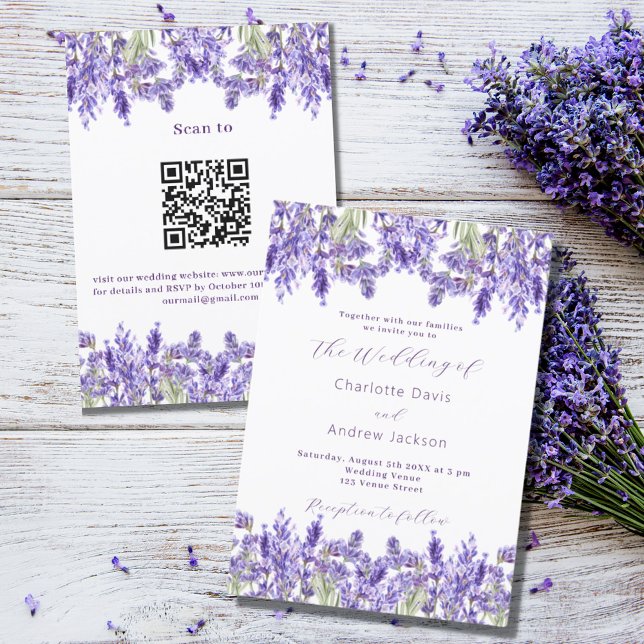 Convite Flores de lavanda violeta QR RSVP detalhes do casa (Criador carregado)