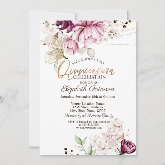 Convite Flores de Lilás Borboletas Brilhantes Quinceañera (Frente)