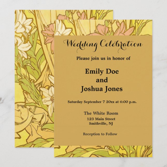 Convite Flores de lírio Art Nouveau de Alfonse Mucha (Frente/Verso)