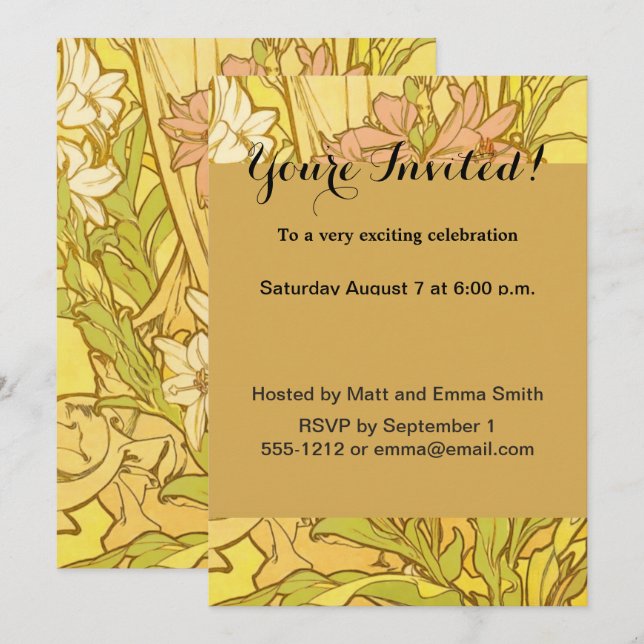 Convite Flores de lírio Art Nouveau de Alfonse Mucha (Frente/Verso)