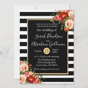 Convite Flores de Listras Pretas e Brancas Rosas Casamento