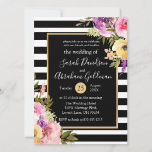 Convite Flores de Listras Pretas e Brancas Rosas Casamento