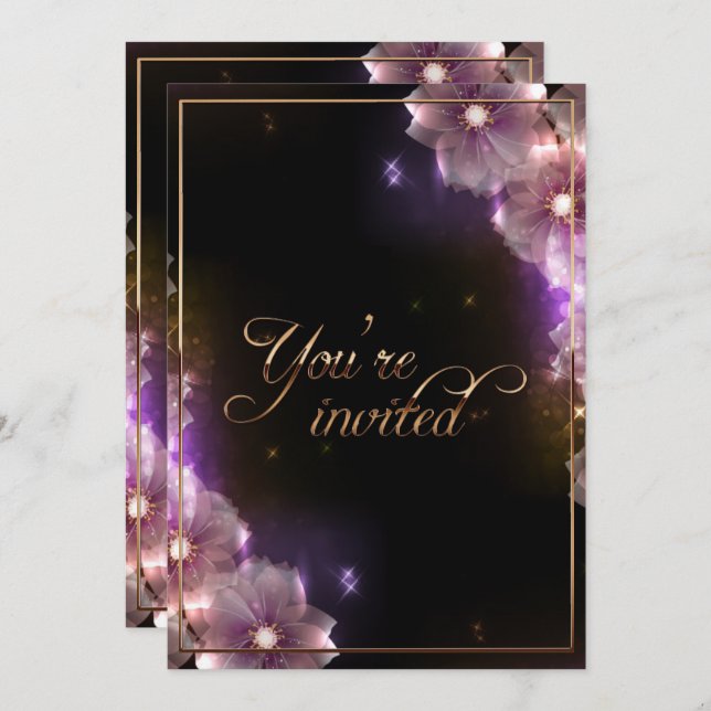 Convite Flores de luz rosa/Cordas Douradas (Frente/Verso)