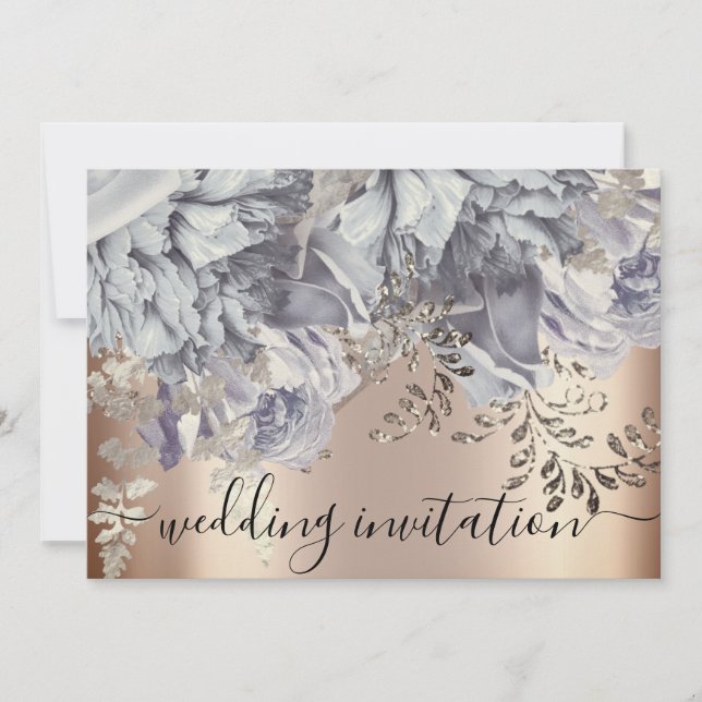 Convite Flores de Luzes Rosa Azuis de Prata Bridal (Frente)