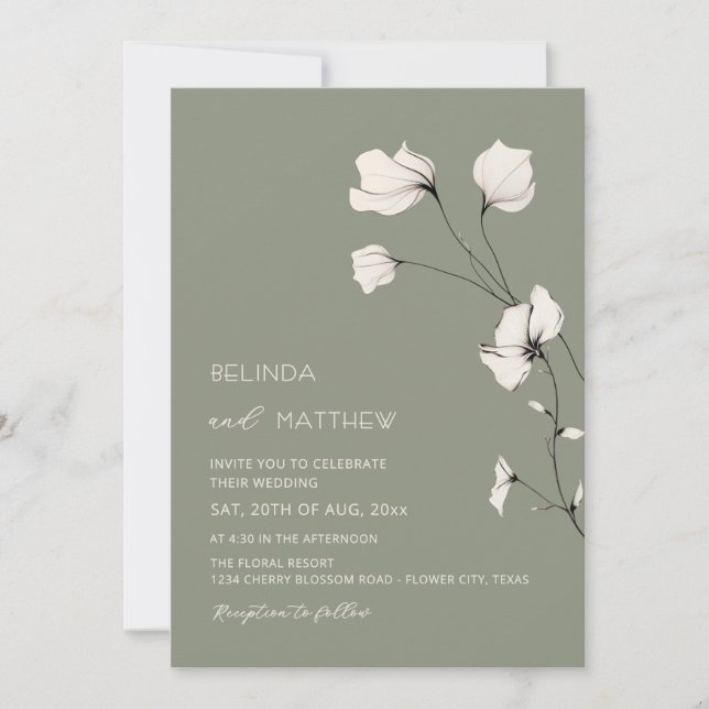 Convite Flores de Marfim Verde Salvia Casamento Informal (Frente)