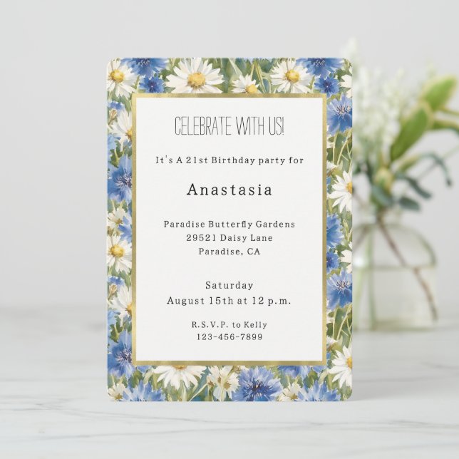 Convite Flores de Margarida Brancas e Azuis Aniversário (Em pé/Frente)
