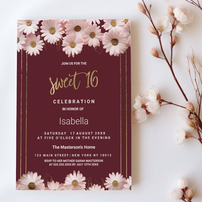 Convite Flores de margarida cor-de-rosa-burgundy elegantes (Elegant burgundy pink gold daisy flowers Sweet 16)