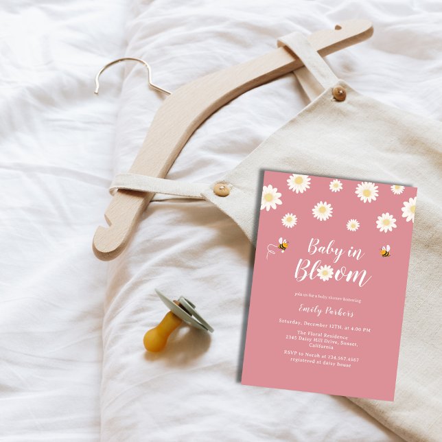 Convite Flores De Margarida Rosa Bebê Em Chá De Bloom (Pink Daisy Flowers Baby In Bloom Girl Shower Invitation)