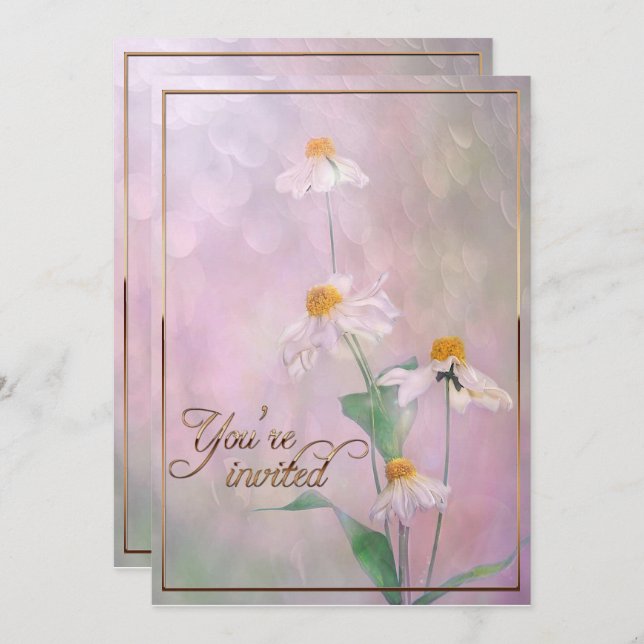 Convite Flores de margarida rosa/Dourada (Frente/Verso)