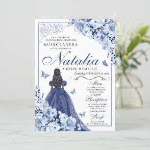 Convite Flores de Marinho Azul Dusty Tiara Quinceañera