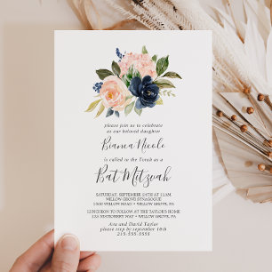 Convite Flores de Marinho e Blush  Bat Mitzvah Branco