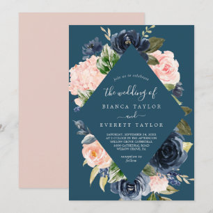 Convite Flores de Marinho e Blush Casamento com Diamante