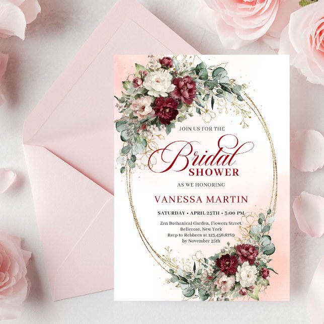 Convite Flores de Marrom Estiloso Eucalipto Chá de Noiva   (Stylish Maroon Flowers Eucalyptus Bridal Shower Card

)
