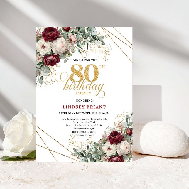 Convite Flores de Marsala Borgonha Verde 80º Aniversário (Burgundy Marsala Flowers Greenery 80th Birthday)