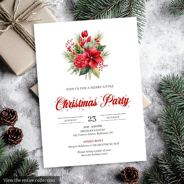 Convite Flores de Natal Minimalistas Elegantes Festivas  (Stylish Minimalist Christmas Flowers Festive Invitation)
