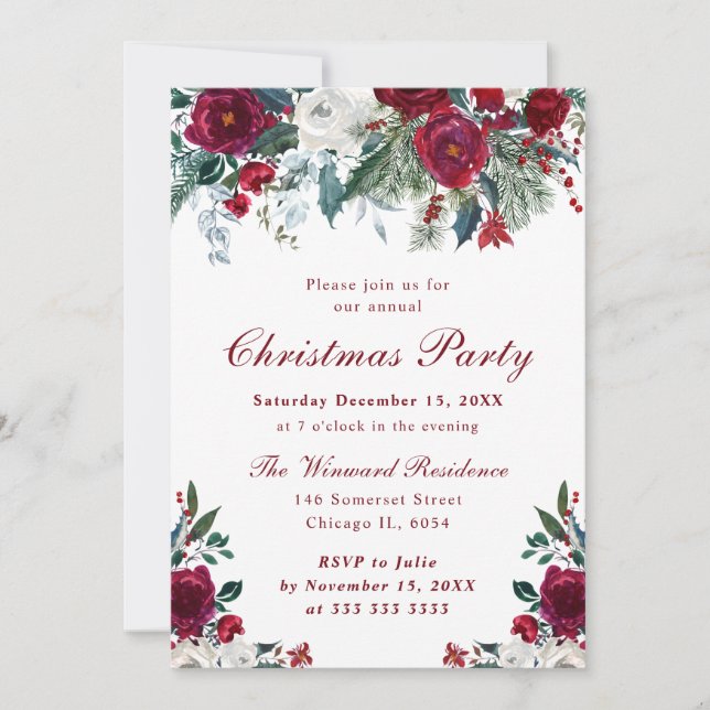 Convite Flores de Natal Vermelhas e Brancas em Aquarela (Frente)