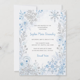 Convite Flores de Neve Prateadas Azuis Quinceañera de Inve