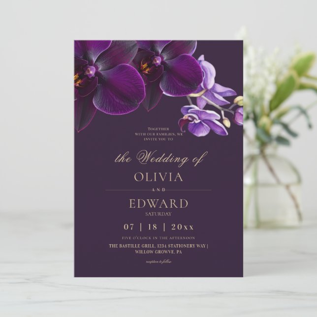 Convite Flores de Orquídea Roxa Casamento  (Em pé/Frente)