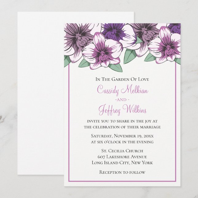 Convite Flores de Orquídea Roxa de Casamento Floral Botâni (Frente/Verso)