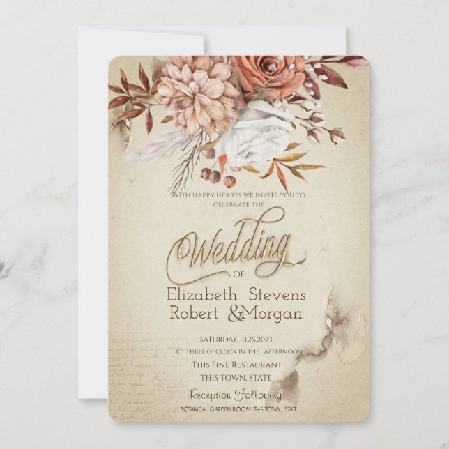 Convite Flores de Outono em Aquarela Chic para Casamento (Frente)
