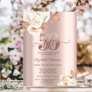 Convite Flores de Outono em Dourado Rosa 50º Aniversário