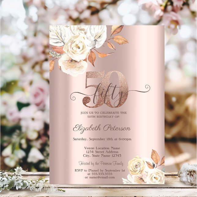 Convite Flores de Outono em Dourado Rosa 50º Aniversário (Criador carregado)