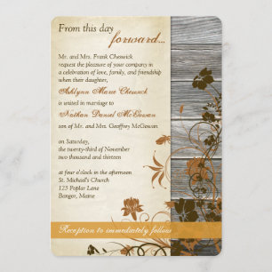 Convite Flores de outono, FAUX Wood e Casamento com Pergam