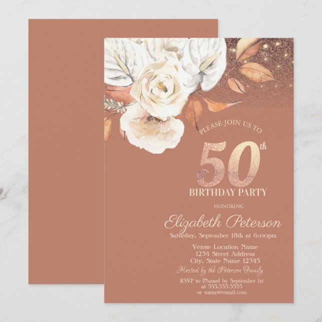 Convite Flores de Outono Luzes Brilho 50º Aniversário (Frente/Verso)
