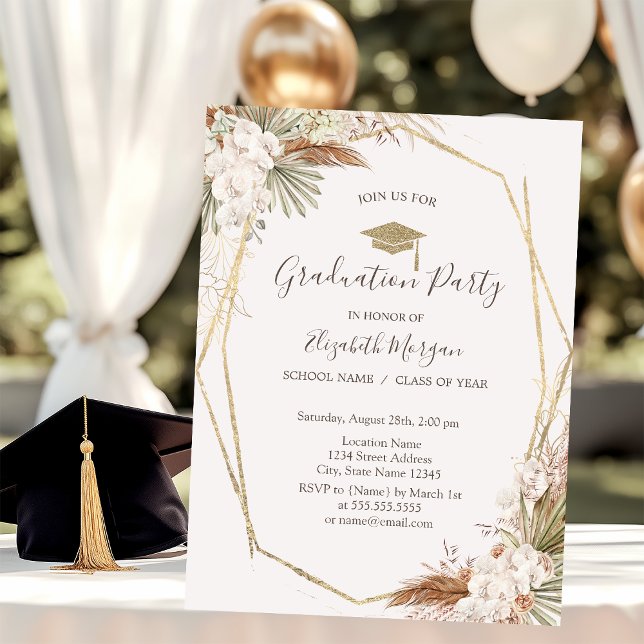 Convite Flores de Pampas, Gorro de Graduação, Graduação  (Criador carregado)