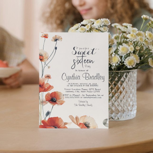 Convite Flores de papoila e Festa de aniversário doce 16 (Criador carregado)