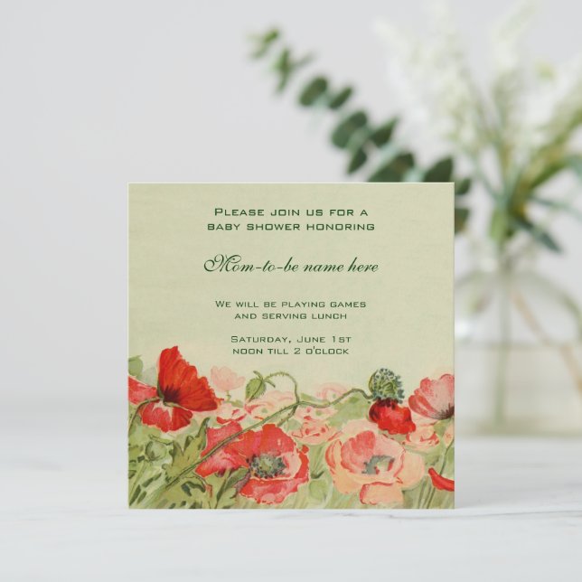 Convite Flores de Papoula Vermelha Chuvada Floral Baby Sho (Em pé/Frente)