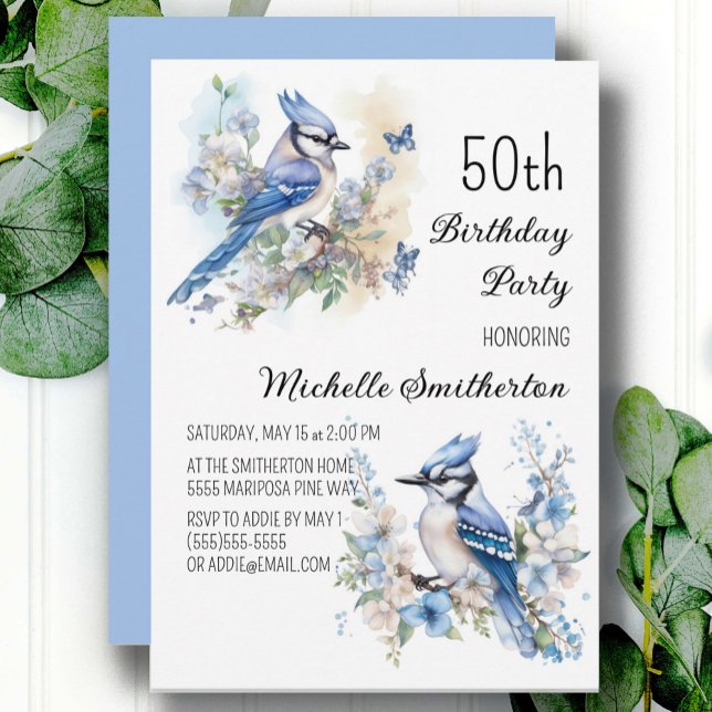 Convite Flores de Pássaro Gaio Azul Primavera Aniversário  (Blue Jay women's 50th birthday party invitation, customizable with your own text. )