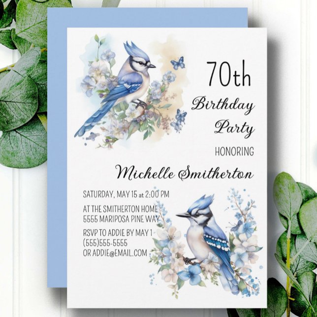 Convite Flores de Pássaro Gaio Azul Primavera Aniversário  (Blue jay women's 70th birthday party custom invitations)