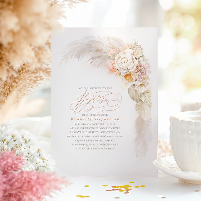 Convite Flores de Pastel mole e batismo de Grama de Pampas (Elegant Soft Hues Flowers Boho Baptism Invitations)