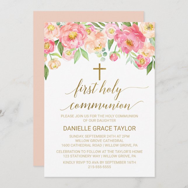 Convite Flores de Pêmonas Rosa e Pêssegos Primeira Comunhã (Frente/Verso)