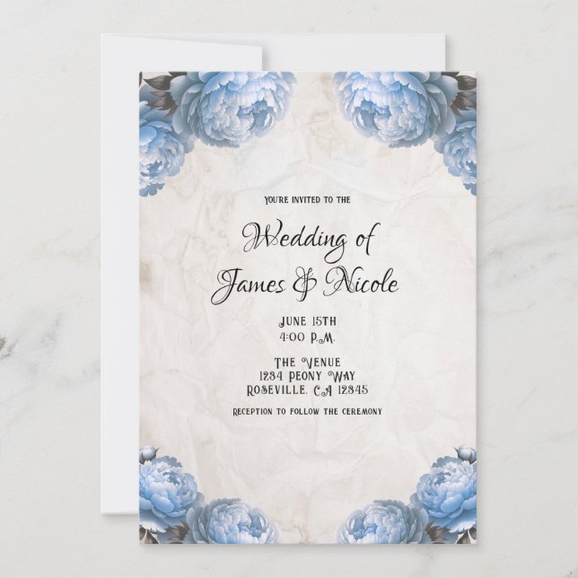 Convite Flores de Peônia Azul Claro Casamento Rústico Vint (Frente)