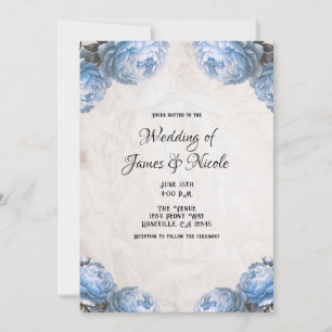 Convite Flores de Peônia Azul Claro Casamento Rústico Vint