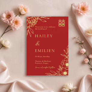Convite Flores de Peônia Casamento Moderno Chinês Vermelho