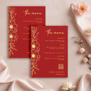 Convite Flores de Peônia Menu de Casamento Moderno Chinês 